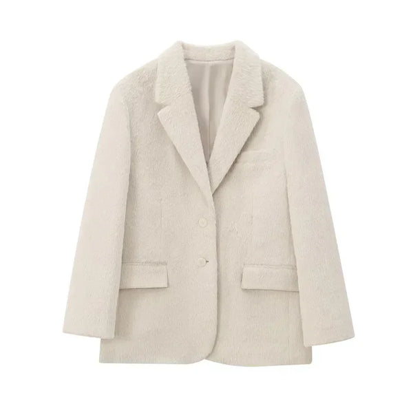 Creamy white mohair blazer styled for versatile wear from business to casual occasions