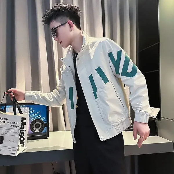 Stylish men's slim fit safari jacket for autumn and winter, featuring a stand collar and zipper closure in a durable cotton b