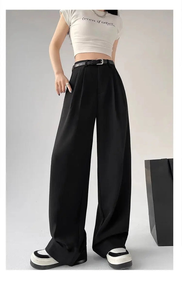 Chic high waist wide leg trousers with belt, perfect for office or casual wear, made from breathable polyester blend.