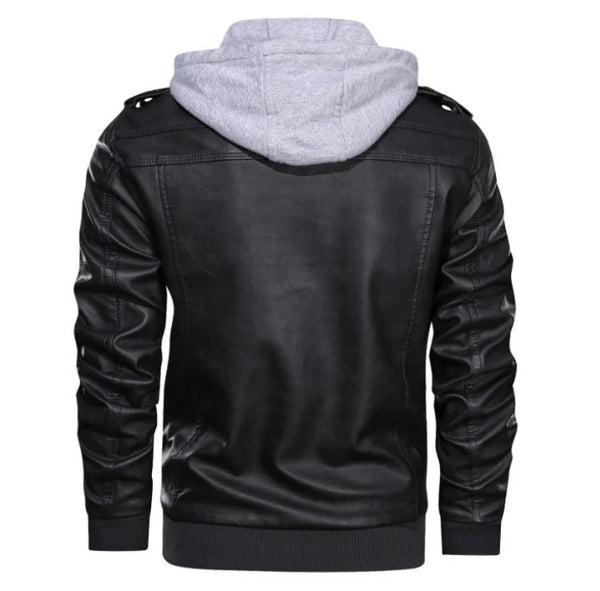 Men's PU leather hooded jacket for autumn and winter, stylish, warm, and perfect for outdoor adventures and casual wear.
