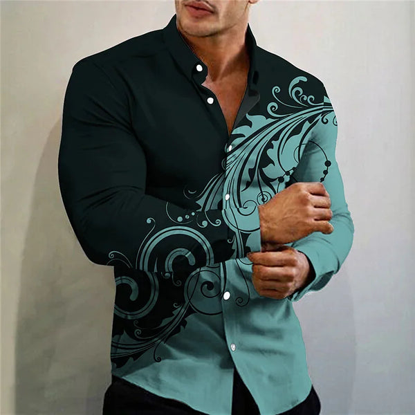 Stylish men's casual silk blend shirt in slim fit with turn-down collar and eye-catching 3D print for modern fashion.