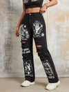 Trendy ripped high-waist straight jeans for women, perfect for casual outings and stylish streetwear. Comfortable cotton blen