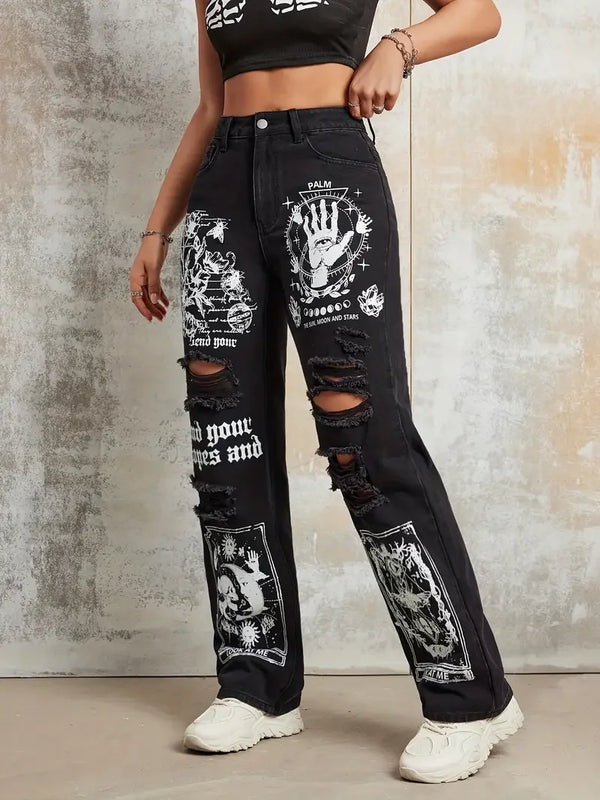 Trendy ripped high-waist straight jeans for women, perfect for casual outings and stylish streetwear. Comfortable cotton blen