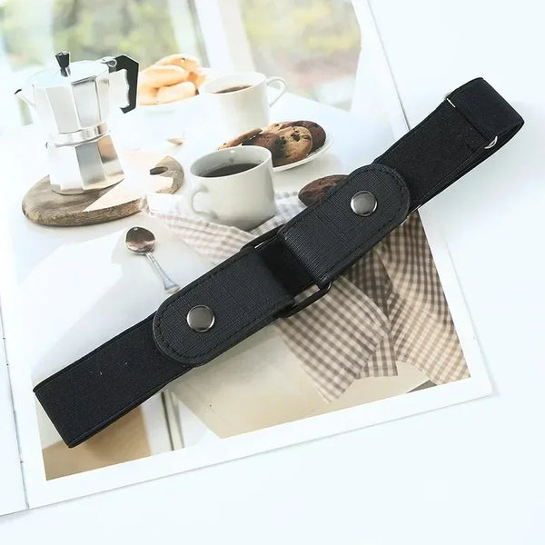 Buckle-free elastic belt in black and blue, adjustable from 85-115cm, perfect for comfort and style for men and women.