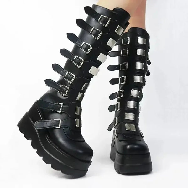 Gothic knee-high platform boots for women with wedge heel, buckle closure, perfect for punk fashion and cosplay events.