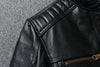 Premium men's leather biker jacket in rich brown with stand collar, crafted from durable first-layer calfskin leather.