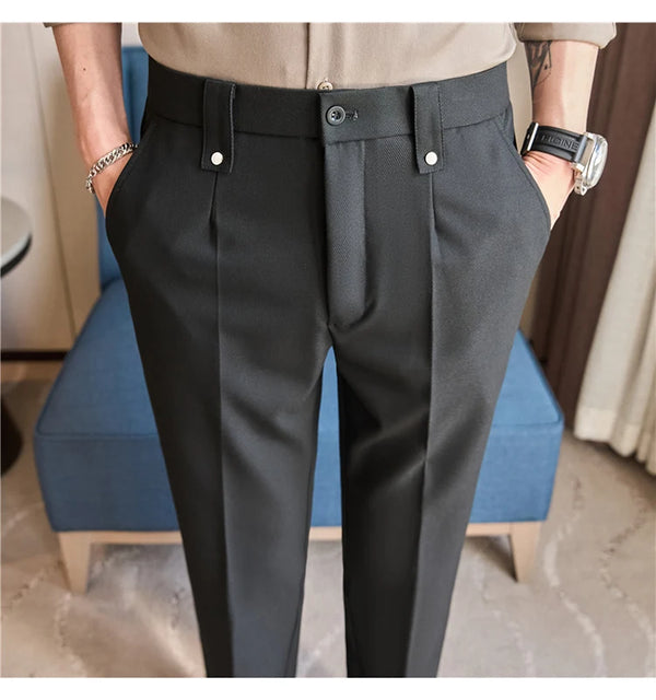 Men's slim fit dress pants in British style with elastic waist, perfect for casual or formal occasions, made from polyester b