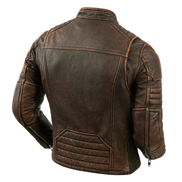 Premium men's leather biker jacket in rich brown with stand collar, crafted from durable first-layer calfskin leather.