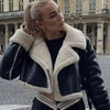 Chic cropped leather and wool blend jacket for women with fur trim, zipper closure, and turn-down collar, perfect for fall an