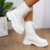 Chic white ankle boots with chunky heel, lace-up closure, and durable PU leather for stylish fall/winter outfits.