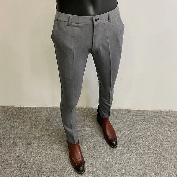 Men's slim fit stretch suit trousers in solid color, perfect for formal events and business casual wear, featuring a flat fro