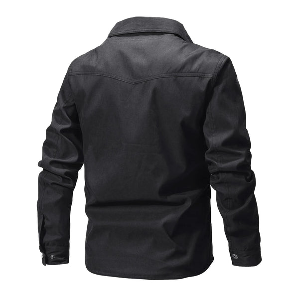 Men's Western Flannel-Lined Casual Jacket with metal buttons, multiple pockets, and cozy flannel lining for cool weather.