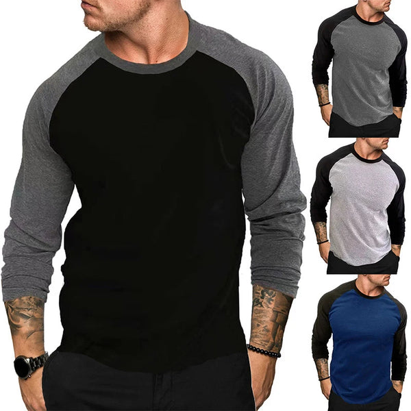 Men's Long Sleeve Slim Fit Splice Tee in soft fabric, casual pullover with O-neck, perfect for everyday style and comfort.