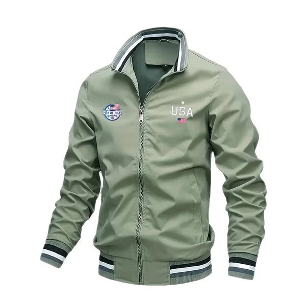 Men's Casual Varsity Bomber Jacket with USA print, stylish and comfortable for autumn and spring, featuring ribbed cuffs and