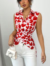 Chic geometric print ruffle blouse for women, lightweight jersey, slim fit, perfect for summer casual or elegant occasions.