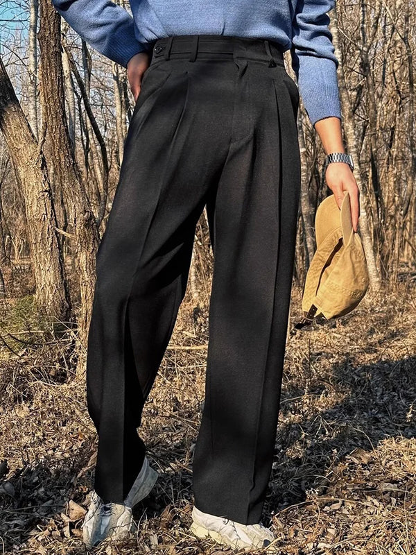 Vintage high-waist straight trousers for men in polyester, perfect for spring and summer casual wear with pleated detailing.