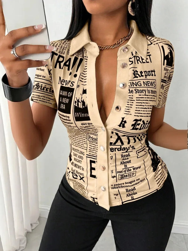 Chic Newspaper Print Blouse featuring a V-neck, short sleeves, and single-breasted front for stylish summer wear.