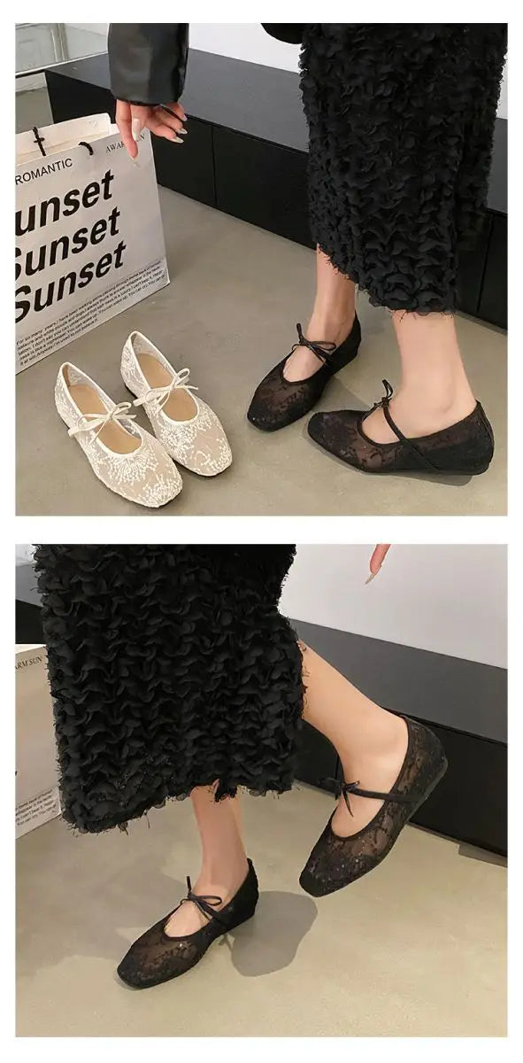 Women's embroidered ballet flats with square toe and bow detail in neutral beige tone