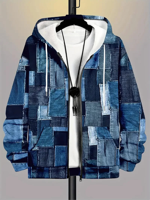 Men's streetwear zip-up hoodie in retro plaid patchwork style with polyester fabric