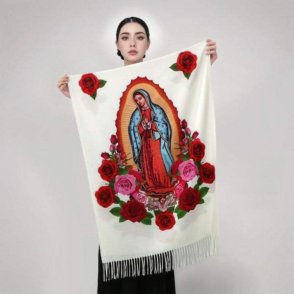 Stylish Guadalupe scarf in soft fabric, a beautiful blend of faith and fashion for chilly days.