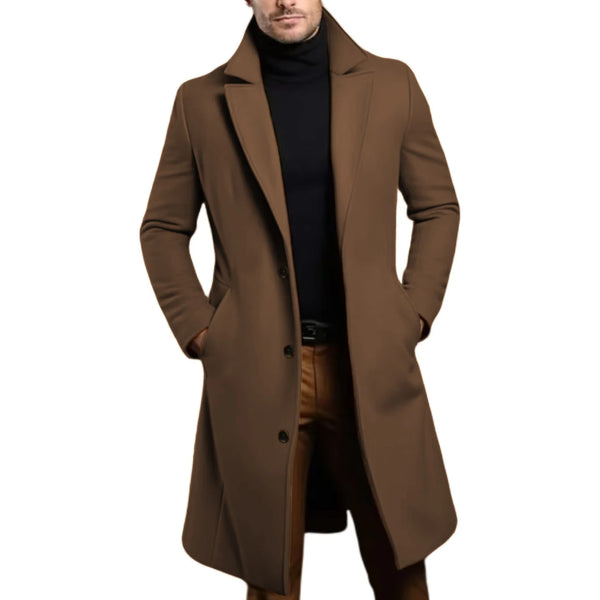 Elegant men's trench coat with stand collar and buckles, perfect for casual and formal occasions, made from durable polyester