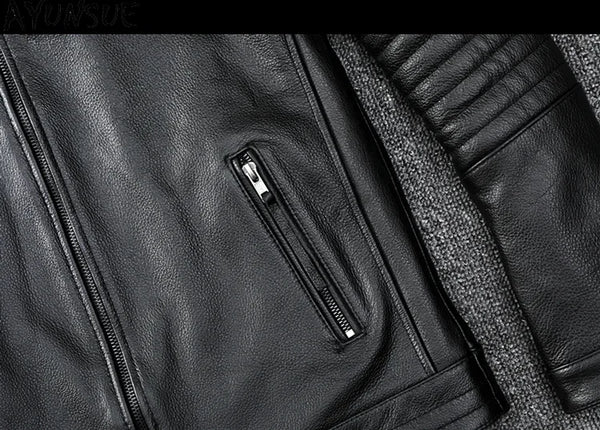 Men's slim fit leather motorcycle jacket in premium cow leather with stand collar and zip closure, perfect for casual wear.