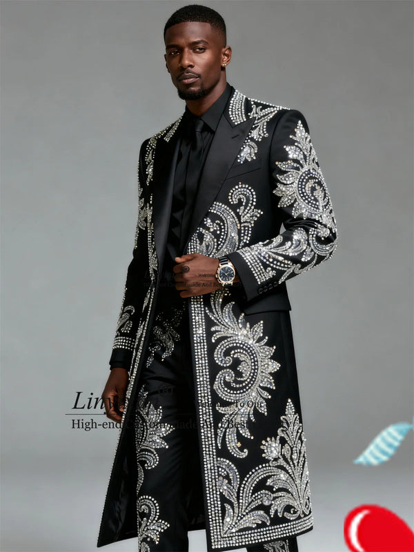 Elegant men's wedding suit in black with rhinestone tuxedo detailing.