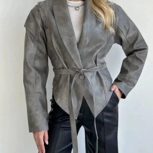 Chic belted leather bomber jacket for women, featuring lace-up detail, notched lapel, and hood for stylish autumn wear.