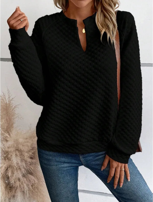 Year-round pullover hoodie with deep V-neck and easy fit
