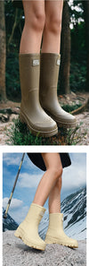 Chic waterproof women's ankle rain boots with non-slip outsole, perfect for rainy days and outdoor events.