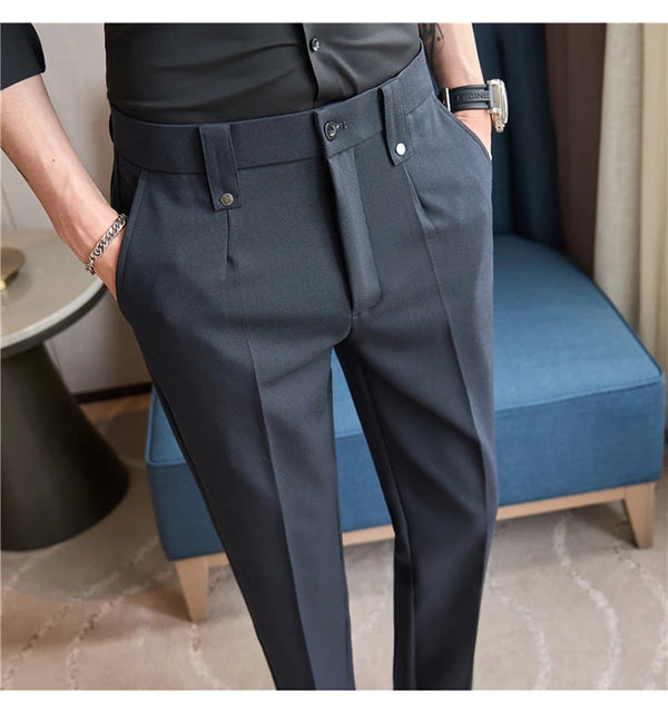 Men's slim fit dress pants in British style with elastic waist, perfect for casual or formal occasions, machine washable.
