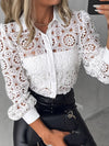Elegant white lace blouse with long sleeves, turn-down collar, perfect for office wear and formal occasions.
