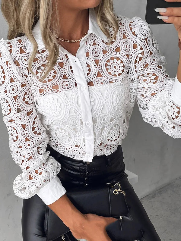 Elegant white lace blouse with long sleeves, turn-down collar, perfect for office wear and formal occasions.