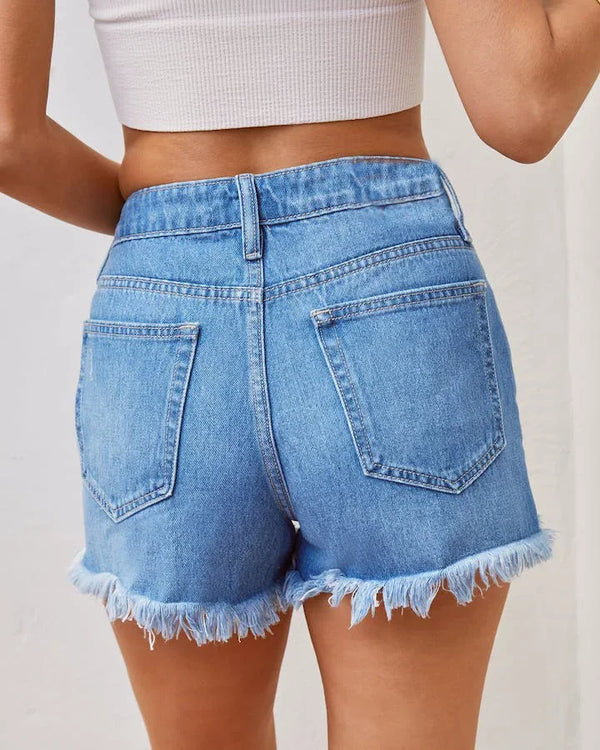 Regular fit jean shorts featuring button closure and edgy ripped fringe design