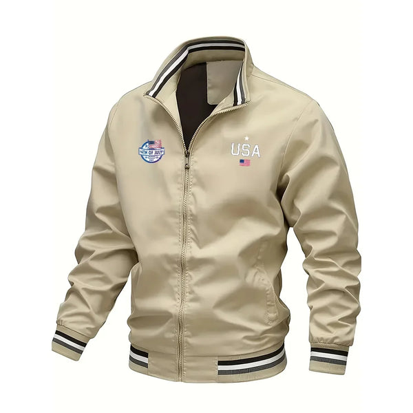 Men's Casual Varsity Bomber Jacket with USA print, stylish zip-up design, ribbed cuffs, perfect for autumn and spring wear.