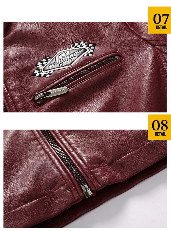Stylish Men's PU Leather Biker Jacket in red, black, and dark blue with embroidery, perfect for winter and casual outings.