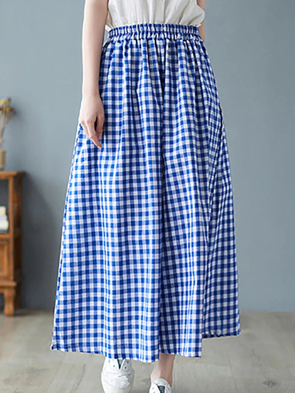 Chic plaid wide-leg pants in cotton-linen blend, featuring a high waist, pockets, and elastic waistband for comfort.