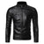 Sleek men's faux leather moto jacket with stand collar, perfect for casual or party wear in spring and autumn weather.