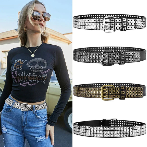 Unisex punk belt with square beads and triple grommets, perfect for edgy fashion and versatile styling for all occasions.