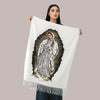 Elegant shawl with Virgin Mary print, perfect for layering during winter church visits.