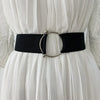 Chic round buckle women's elastic waist belt in neutral color, perfect for dresses, sweaters, and coats. Stylish and versatil