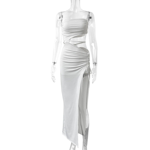 Ankle-length dress featuring unique neckline and flirty split detail