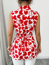 Chic geometric print ruffle blouse for women, lightweight jersey, slim fit, perfect for summer casual or elegant occasions.