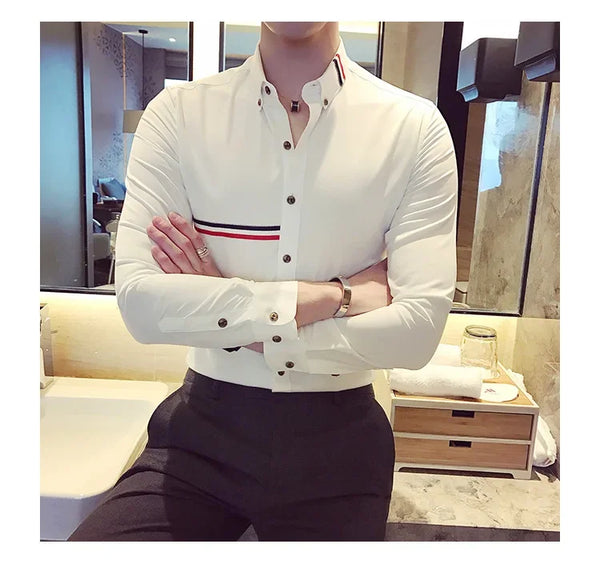 Elegant men's slim-fit dress shirt in solid color, perfect for spring, featuring a turn-down collar and long sleeves.