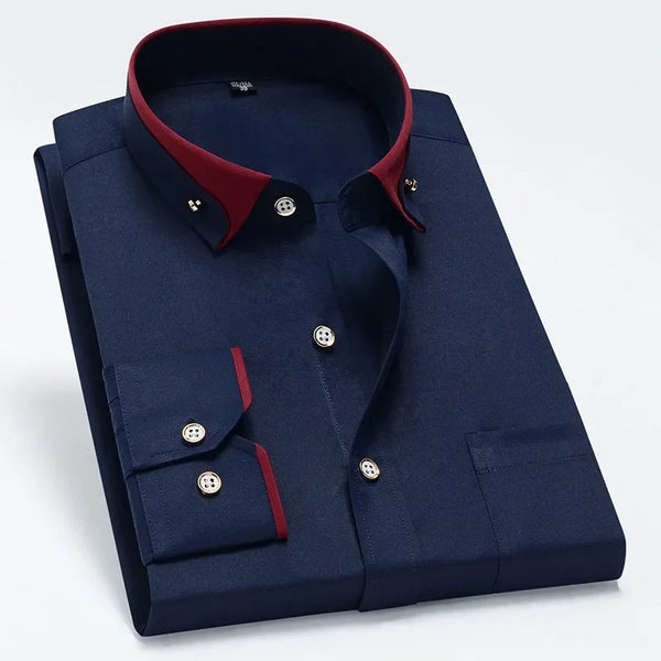 Flat lay of Sharp Seamless Fit Shirt with contrasting collar, ready for professional wardrobe.