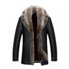 Luxurious men's black leather jacket with raccoon fur collar.