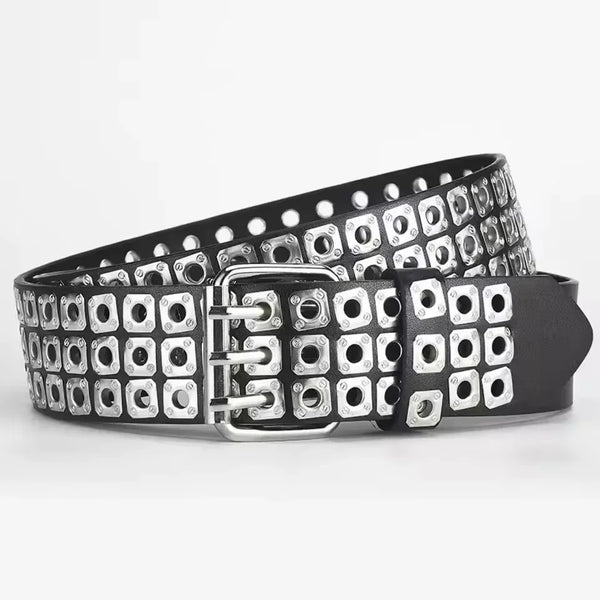 Unisex punk belt with square beads and triple grommets, perfect for edgy fashion and versatile styling for men and women.