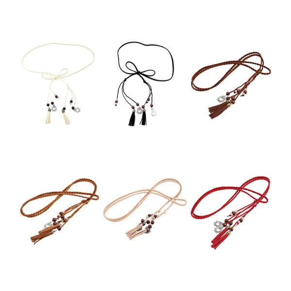 Bohemian braided faux leather skinny belt for women in camel, perfect for casual and formal outfits with fringe accents.