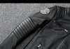 Men's slim fit leather motorcycle jacket in premium cow leather with stand collar and zip closure, perfect for spring and aut