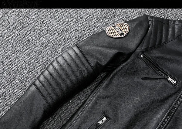 Men's slim fit leather motorcycle jacket in premium cow leather with stand collar and zip closure, perfect for spring and aut